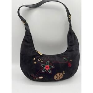 Jane Shilton SW6 Handbag Black Suede Floral Buttons Shoulder bag Metal Trim